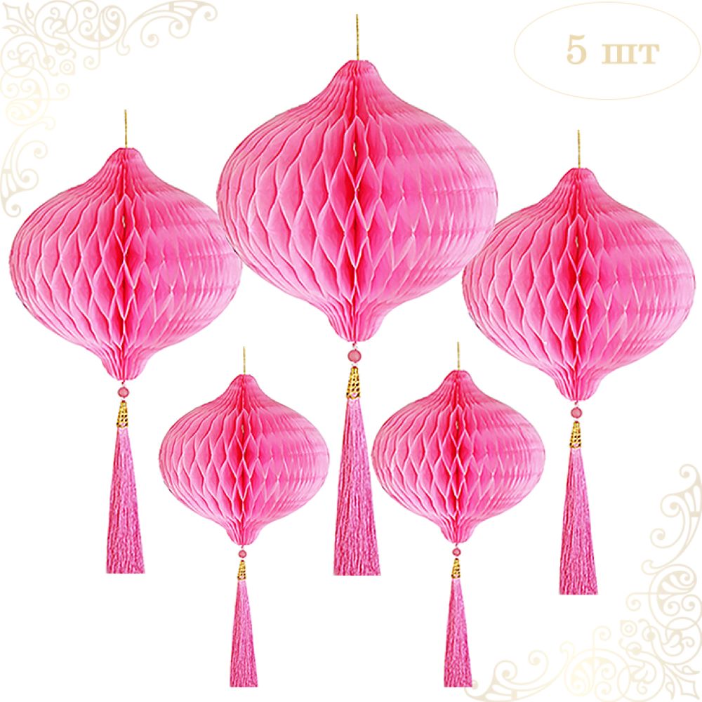 Бумажное украшение Шары-соты с кисточкой НАБОР 5 шт, розовый Бумажное украшение Шары-соты с кисточкой НАБОР 5 шт, розовый