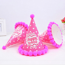 Колпачок с помпончиками "Happy Birthday" сердечки розовый